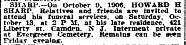 Philadelphia Inquirer, October 11, 1906 — Death notice for Howard H. Sharp