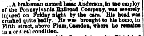 Philadelphia Inquirer article about Isaac Anderson's railroad accident