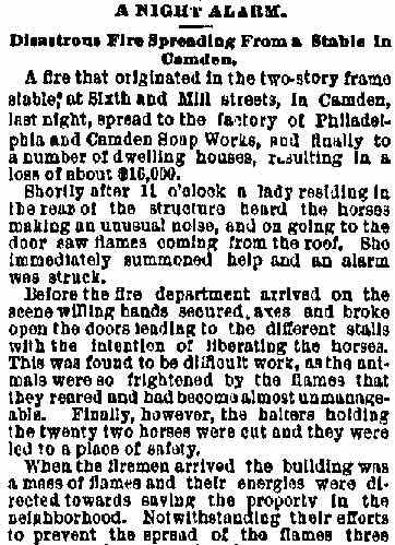 Philadelphia Inquirer, April 14, 1887 — A Night Alarm, column 1