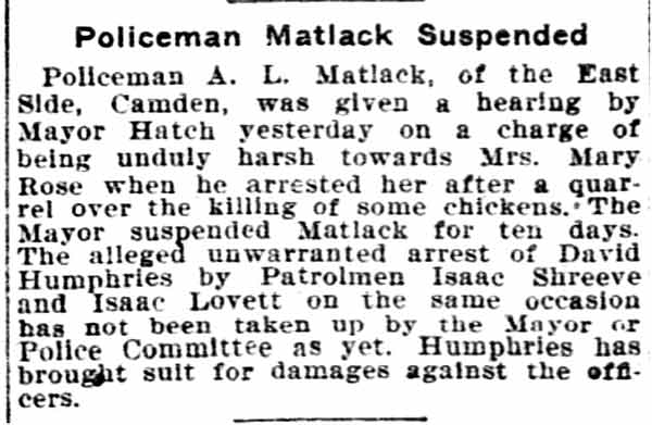 Philadelphia Inquirer, September 14, 1900 — Policeman Matlack Suspended
