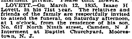 Philadelphia Inquirer, March 15, 1895 — Death notice for Isaac H. Lovett