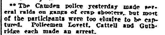 Philadelphia Inquirer, June 1, 1903 — news brief about Lovett raiding crap shooters