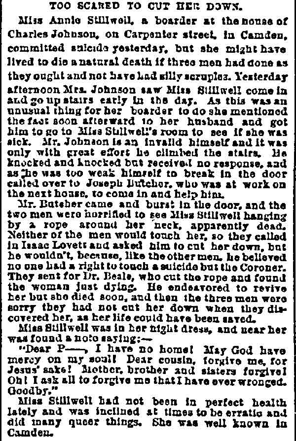 New York Herald, July 19, 1888 — Too Scared to Cut Her Down