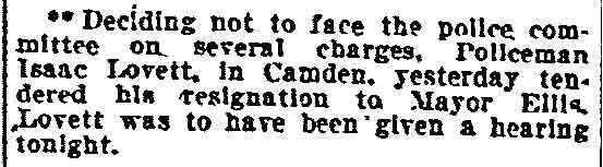 Philadelphia Inquirer, November 20, 1906 — news brief about Lovett's resignation