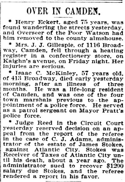 Philadelphia Inquirer April 7, 1895 — Over in Camden, Isaac McKinley obituary notice