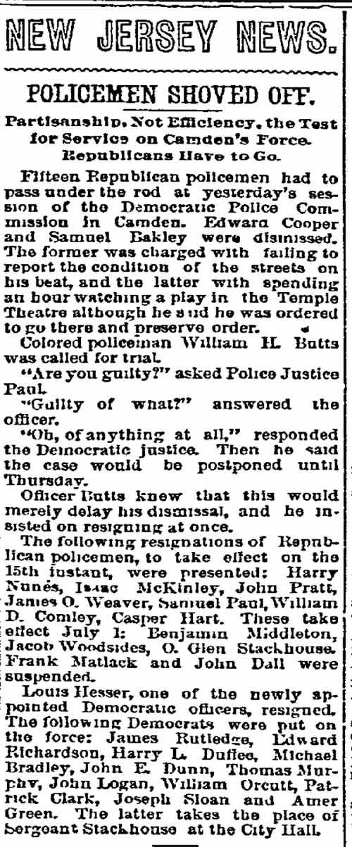 Philadelphia Inquirer June 7, 1893 — Camden police appointments and dismissals including Thomas Murphy