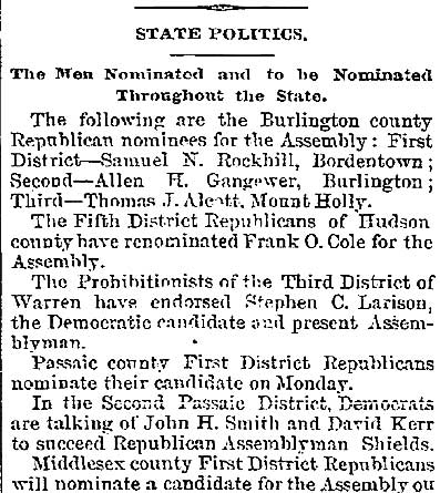 Trenton Evening Times October 11, 1883 — State Politics, part 1