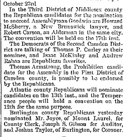 Trenton Evening Times October 11, 1883 — State Politics, part 2