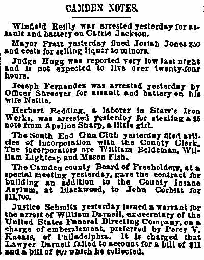 Philadelphia Inquirer Camden Notes column, August 29, 1889, mentioning Mason Fish