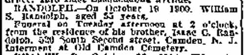 Philadelphia Inquirer, October 22, 1900, mentioning Isaac Randolph