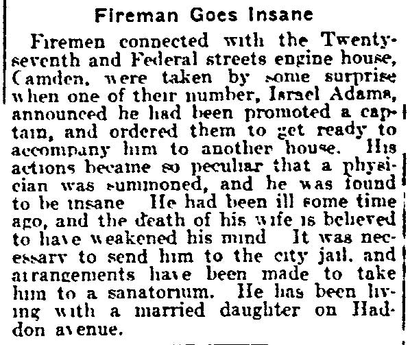 Newspaper article about Israel Adams mental breakdown