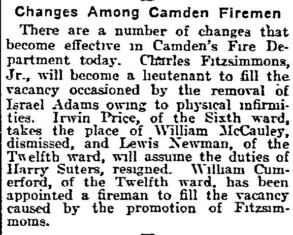 Philadelphia Inquirer, December 1, 1916 — Changes Among Camden Firemen
