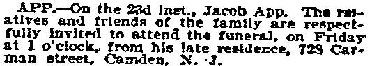 Philadelphia Inquirer, March 25, 1896 — Jacob App obituary notice