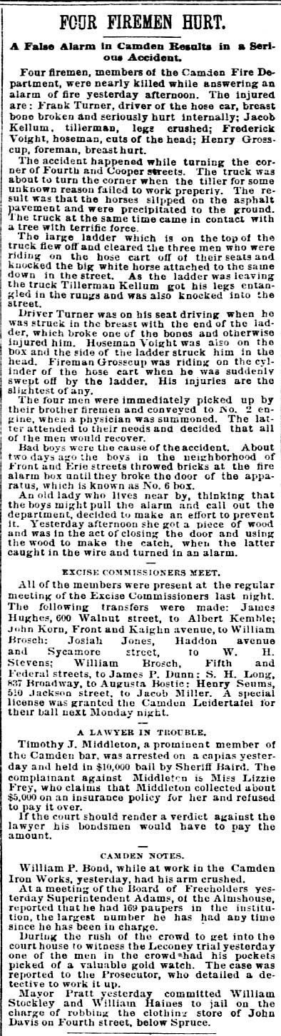 Philadelphia Inquirer, February 13, 1890, showing Camden civic leaders including Dr. A.E. Street