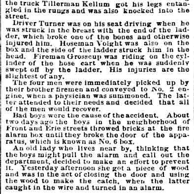 Philadelphia Inquirer clipping continuation: Four Firemen Hurt, February 13, 1890