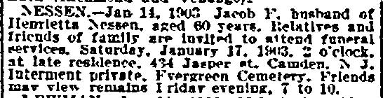 Philadelphia Inquirer, January 16, 1903 — Obituary: Jacob F. Nessen