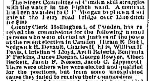 Philadelphia Inquirer, April 3, 1884 — County Clerk receives commissions for newly elected Justices of the Peace including Jacob F. Nesson
