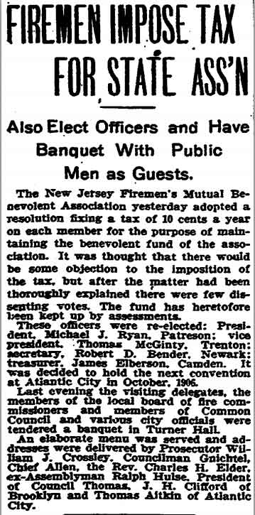 Trenton Evening Times, October 31, 1905 — Firemen Impose Tax for State Ass'n