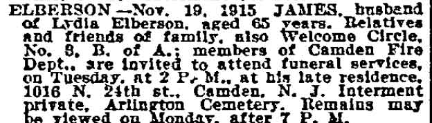 Philadelphia Inquirer, November 22, 1915 — Elberson funeral notice