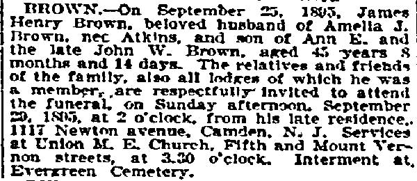 Philadelphia Inquirer death notice for James Henry Brown, September 25, 1895