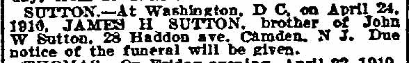 Philadelphia Inquirer, April 25, 1910 — death notice for James H. Sutton