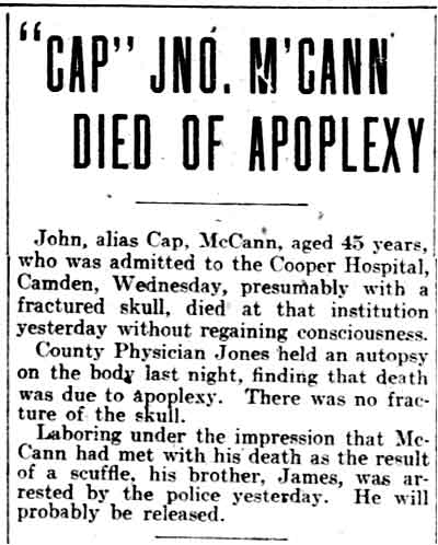 "Cap" Jno. M'Cann Died of Apoplexy — Philadelphia Inquirer, May 29, 1903