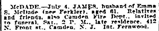 Philadelphia Inquirer July 7, 1922 — death notice for James McDade