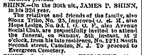 Philadelphia Inquirer, August 4, 1888, obituary notice for James P. Shinn
