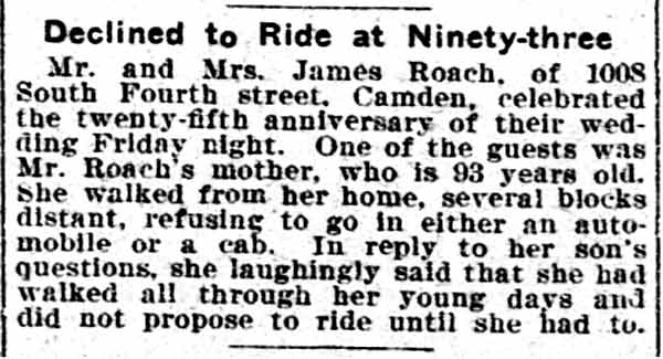 Philadelphia Inquirer, April 28, 1907 — James Roach's 25th wedding anniversary, mother-in-law walks at 93