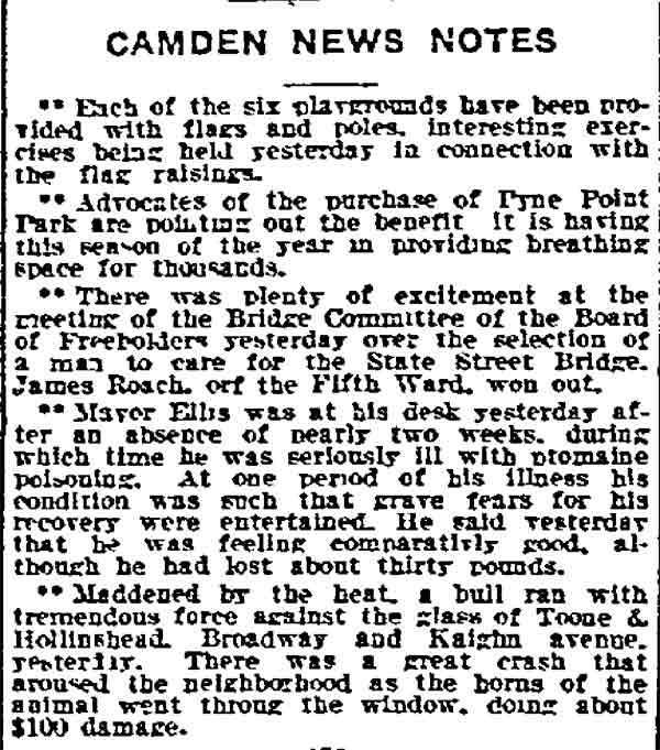 Philadelphia Inquirer, July 12, 1910 — Camden News Notes including James Roach bridge tender appointment