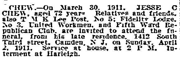 Death notice for Jesse C. Chew — Philadelphia Inquirer, April 1, 1911