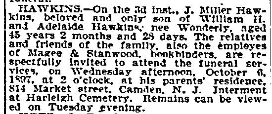 Philadelphia Inquirer death notice for J. Miller Hawkins, October 6, 1897