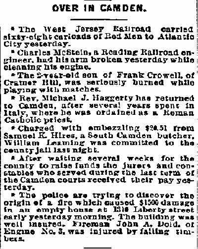 Philadelphia Inquirer, August 3, 1894 — Over in Camden — John A. Dold injured at Liberty Street fire