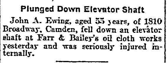 Plunged Down Elevator Shaft, Philadelphia Inquirer, February 18, 1905