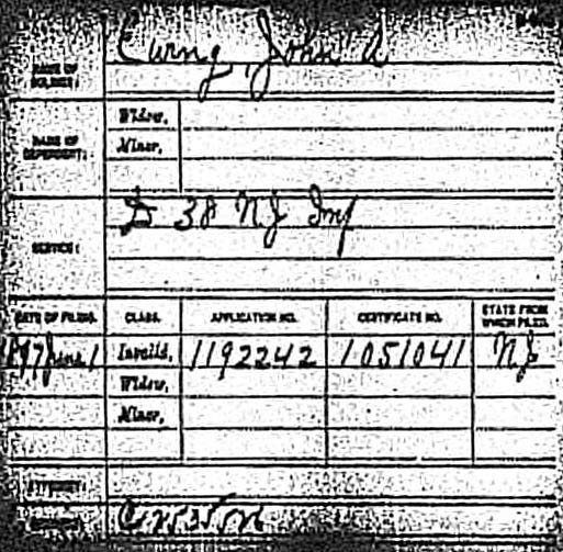 Civil War pension card for John A. Ewing, Company D, 38th New Jersey Infantry, Application No. 1192242, Certificate No. 105041