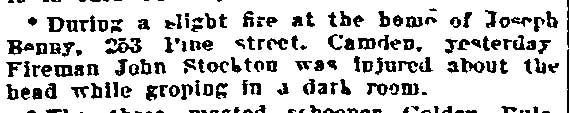 Fireman Stockton Injured, Philadelphia Inquirer, January 25, 1905