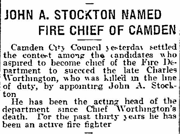 John A. Stockton Named Fire Chief of Camden, Philadelphia Inquirer, June 26, 1914