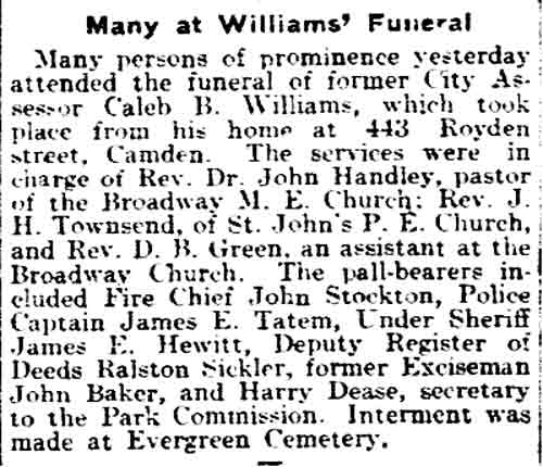 Many at Williams' Funeral, Philadelphia Inquirer, August 25, 1915