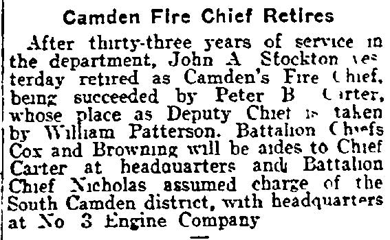Philadelphia Inquirer, October 2, 1915 — Camden Fire Chief Retires