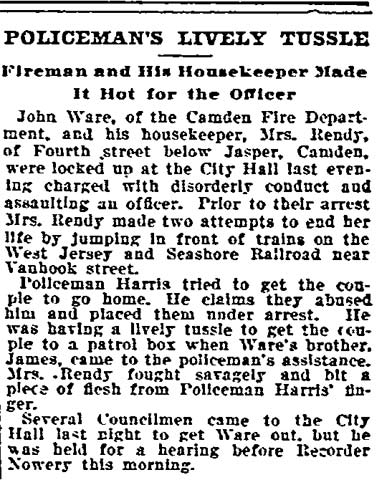 Philadelphia Inquirer, April 18, 1899 — Policeman's Lively Tussle, John Ware arrested