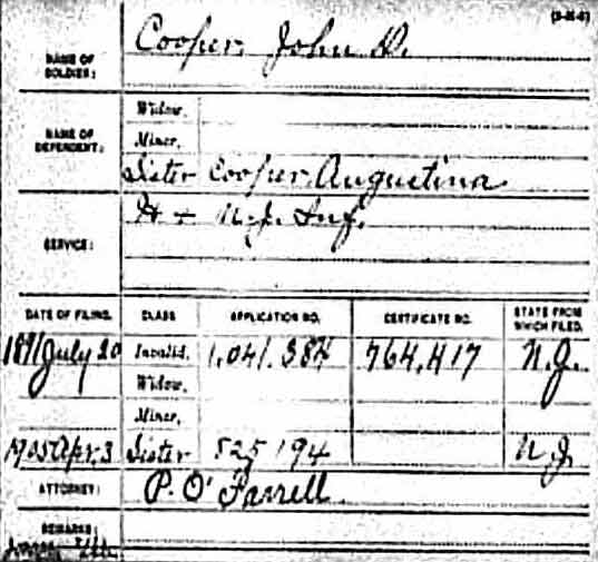Civil War pension index card for John D. Cooper