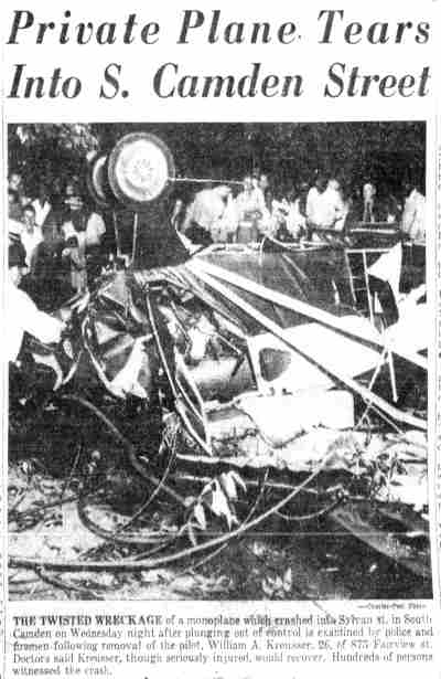 Private plane crash in front of 843 Sylvan Street, September 30, 1953
