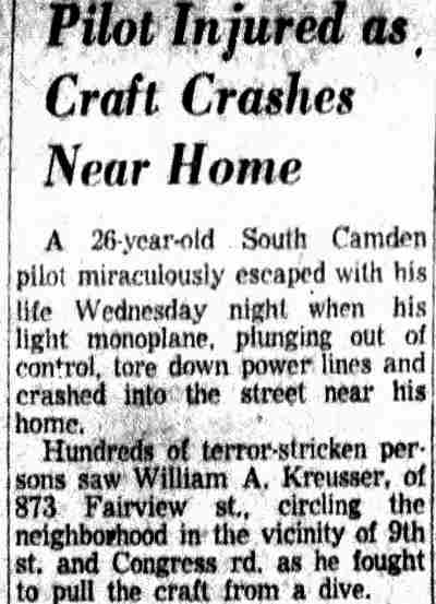 Camden Courier-Post, October 1, 1953 — Pilot Injured as Craft Crashes Near Home (part 1)