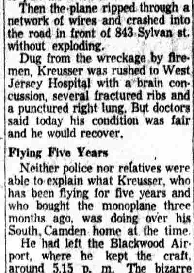 Camden Courier-Post, October 1, 1953 — Pilot Injured as Craft Crashes Near Home (part 2)