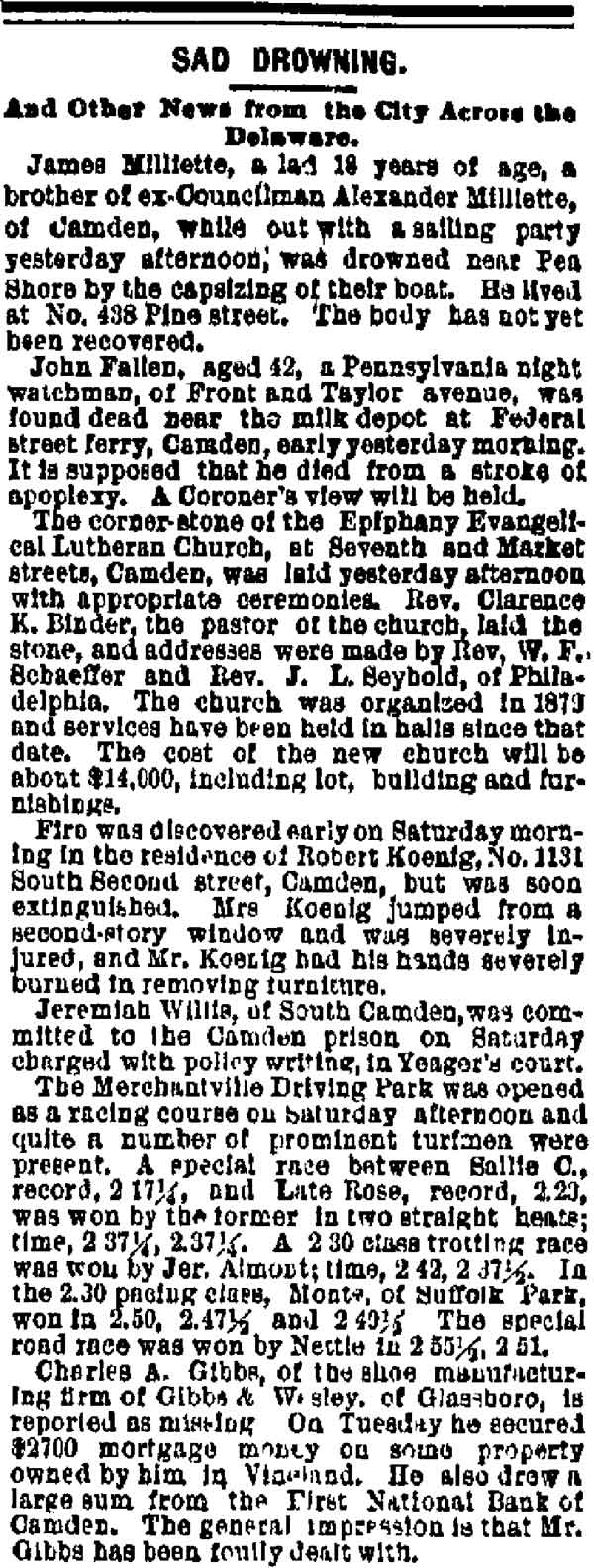 Sad Drowning — Philadelphia Inquirer, May 2, 1887