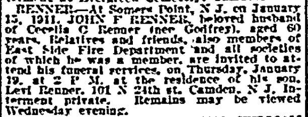 Philadelphia Inquirer, January 17, 1911 — Renner obituary