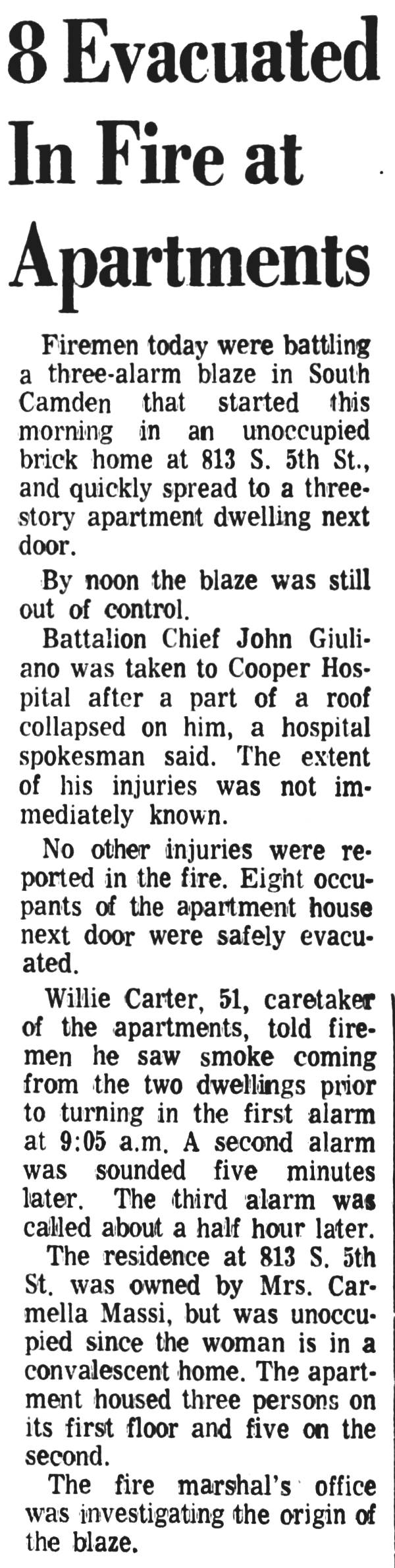Article: 8 Evacuated In Fire at Apartments — Mrs. Carmella Massi, Battalion Chief John Giuliano, South 5th Street, Willie Carter