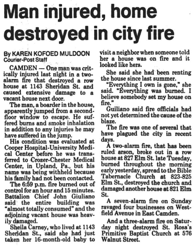 Man injured, home destroyed in city fire at 1143 Sheridan Street, Camden, December 17, 1989