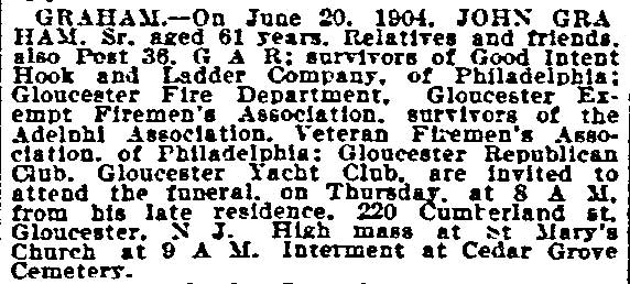 John Graham Sr. obituary, Philadelphia Inquirer, June 22, 1904