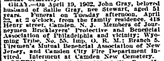 John Gray obituary — Philadelphia Inquirer, April 21, 1902